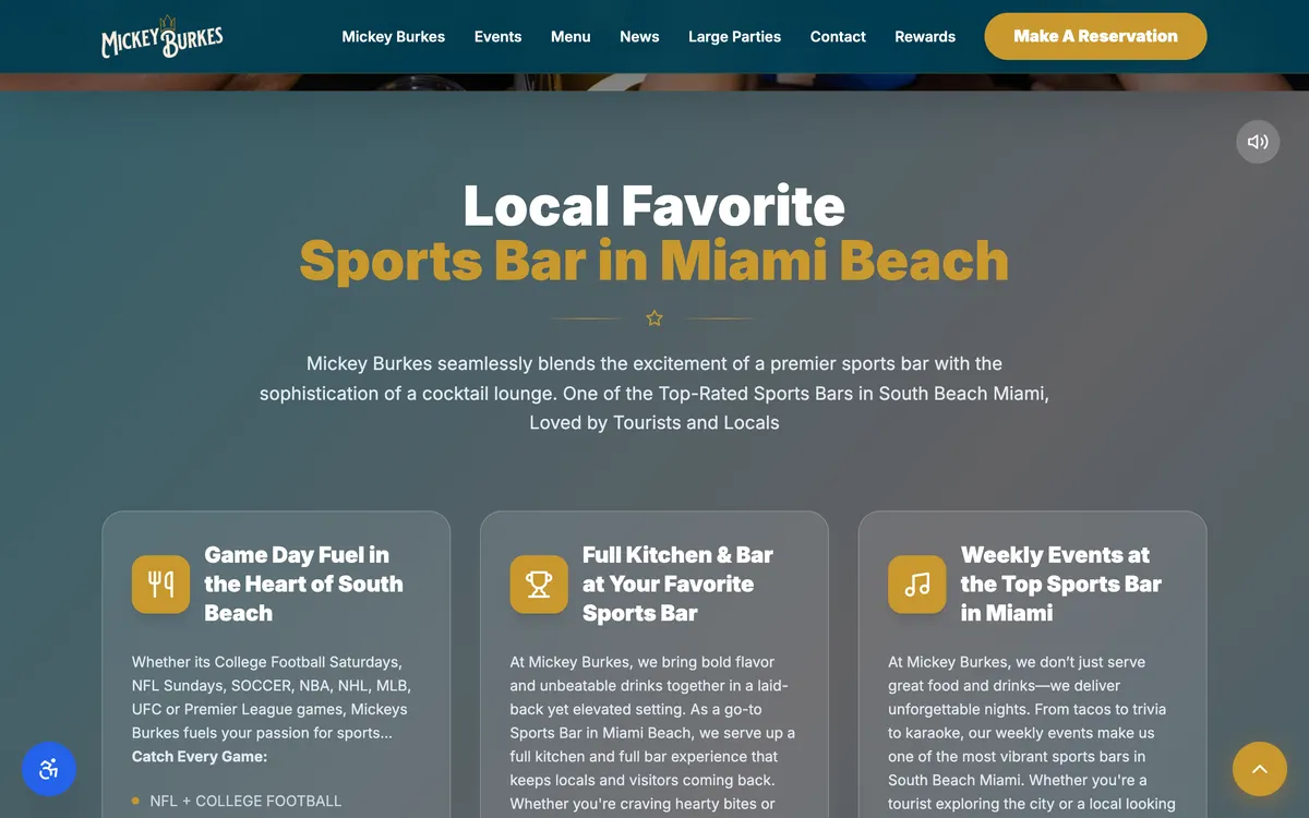 Mickey Burkes website section: local favorite sports bar in Miami Beach